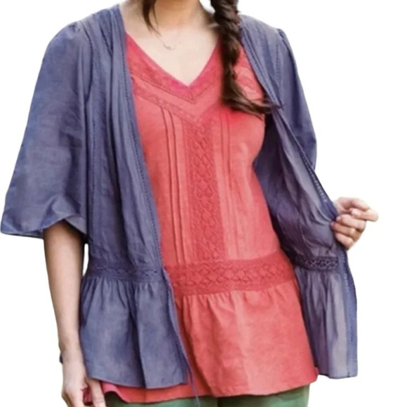 Matilda Jane Hour By Hour Chambray Cotton Boho Mixed Media Lace Trim Cardigan - Picture 12 of 12